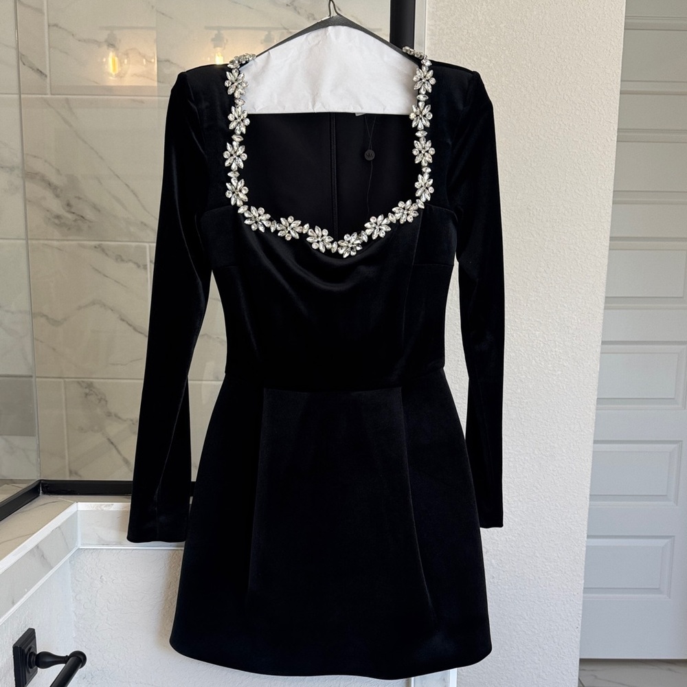 NADINE MERABI Black Velvet Long Sleeve Mini Dress with Floral Jewel Trim